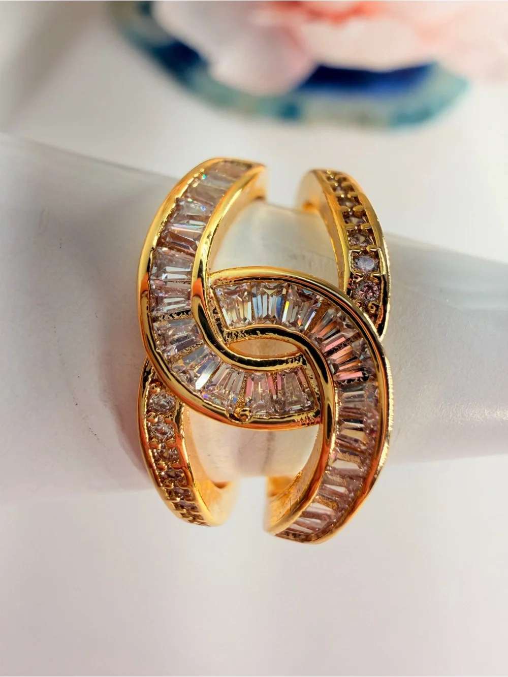Gold-Tone Pink Baguette Crystal Wave Ring